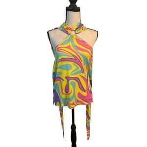 NWOT Vintage Look Mod Abstract Print Women's Halter Top Back Ties Size Large